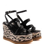 Elvio Zanon Sandalo Donna Nero Con Zeppa In Rafia Bicolore
