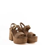 Carmens Sandalo Donna In Camoscio Beige Con Tacco E Plateau Sughero