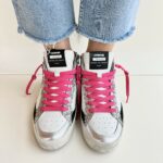 Crime London Sneakers Donna Mid Bianca Argento E Stringa Fuxia