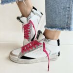Crime London Sneakers Donna Mid Bianca Argento E Stringa Fuxia