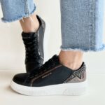 Emanuelle Vee Sneakers Donna In Pelle Nera E Strass Argento