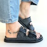 Emanuelle Vee Pianella Donna In Pelle Intrecciata Nera Con Doppie Fasce