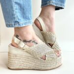 Espadrilles Zeppa Platform Donna In Rafia Platino