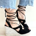 Espadrilles Zeppa Donna In Camoscio Nero Con Allacciatura Schiava