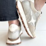 Ama Brand Super Run Sneakers Donna Beige Con Glitter Platino