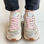 Ama Brand Super Run Sneakers Donna Beige Con Glitter Platino