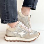 Ama Brand Super Run Sneakers Donna Beige Con Glitter Platino