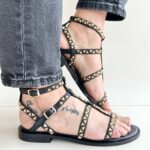 Ash Pandora Sandalo Donna Nero Con Borchie Oro