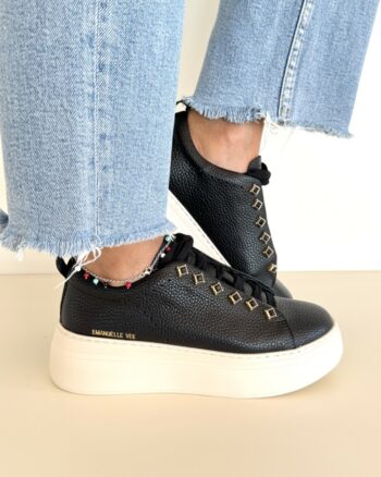 Emanuelle Vee Sneakers Donna In Pelle Martellata Nera Con Cristalli