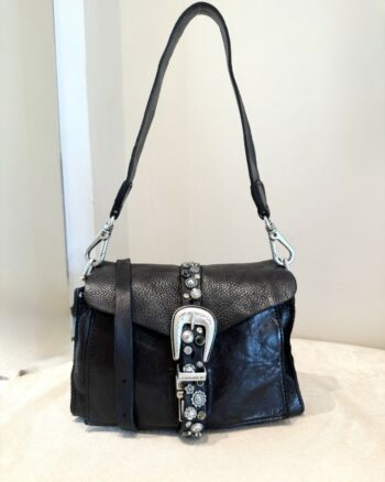 Campomaggi Mini Borsa A Spalla Donna In Pelle Nera Con Pietre E Borchie