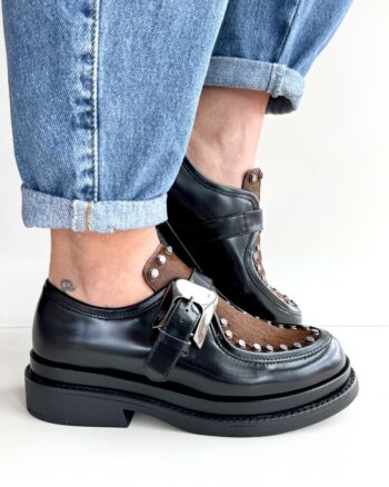 Elvio Zanon Scarpa Donna Abrasivata Nera E Cavallino Tabacco Con Fibbia