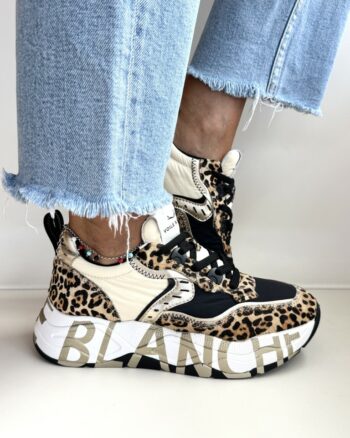 Voile Blanche Club Sneaker Donna Nera E Panna Con Cavallino Leopardato