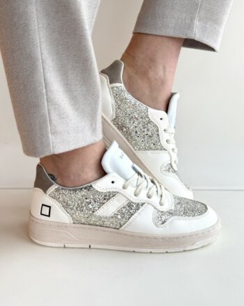 D.A.T.E. Court Sneakers Donna In Pelle Latte E Glitter Platino