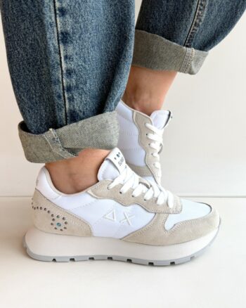Sun 68 Sneakers Donna Bianca E Beige Con Borchie E Pietre