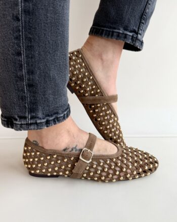 Tribolati Ballerina Donna In Crosta Nocciola Con Borchie Oro