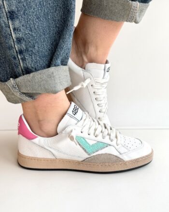 4B12 Playnew Sneakers Donna Bianca Con Fuxia E Verde Acqua