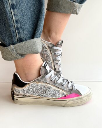Crime London Distressed Sneakers Donna In Glitter Argento E Jeans Camouflage
