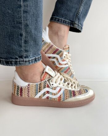 Primabase Sneakers Donna In Rafia Multicolore E Pelle Oro