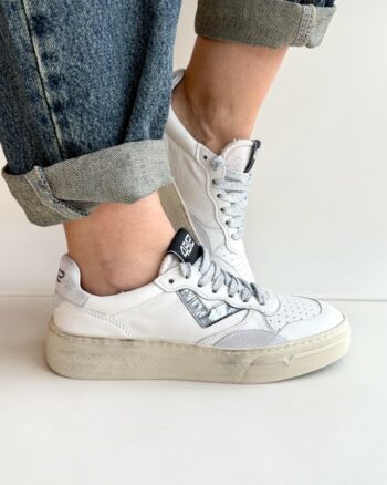4B12 Sneakers Donna In Pelle Bianca E Argento