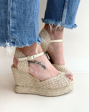 Espadrilles Zeppa Donna In Rafia Intrecciata Beige E Oro
