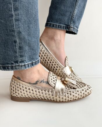 Frau Mocassino Donna In Pelle Intrecciata Beige E Oro